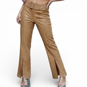 Y2K Coastal Cowgirl Isabel USA‎ Leather Belted Tan Pants Flare Sz 8 90s Western